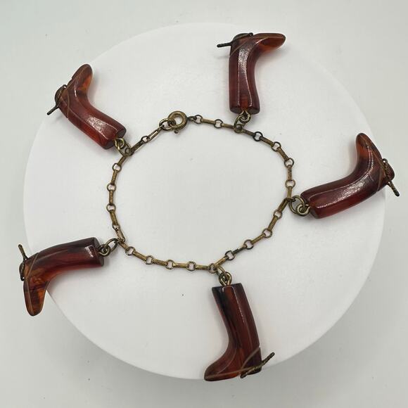 Antique 1930s 1940s gold tone brass chain amber Bakelite boot charms bracelet - Picture 1 of 8